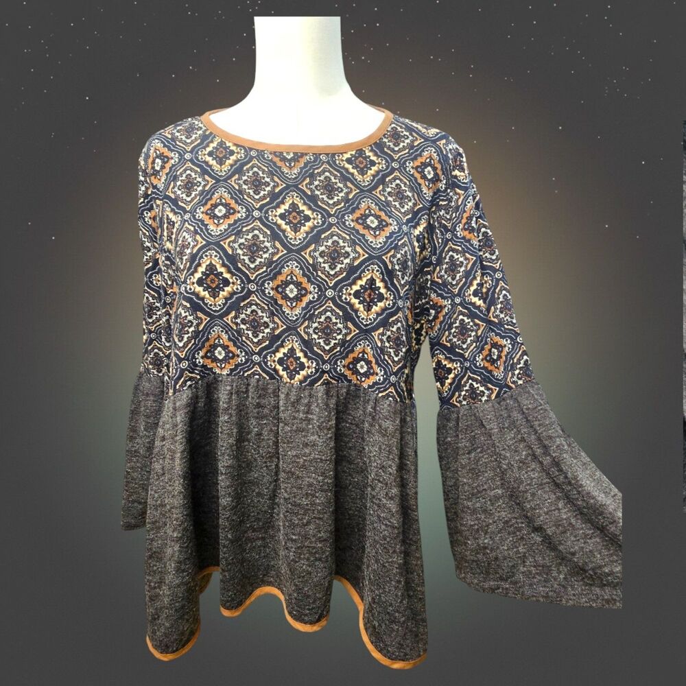 THML Large Boho Babydoll Top Gray Brown Geometric Bell Sleeve Peasant Blouse